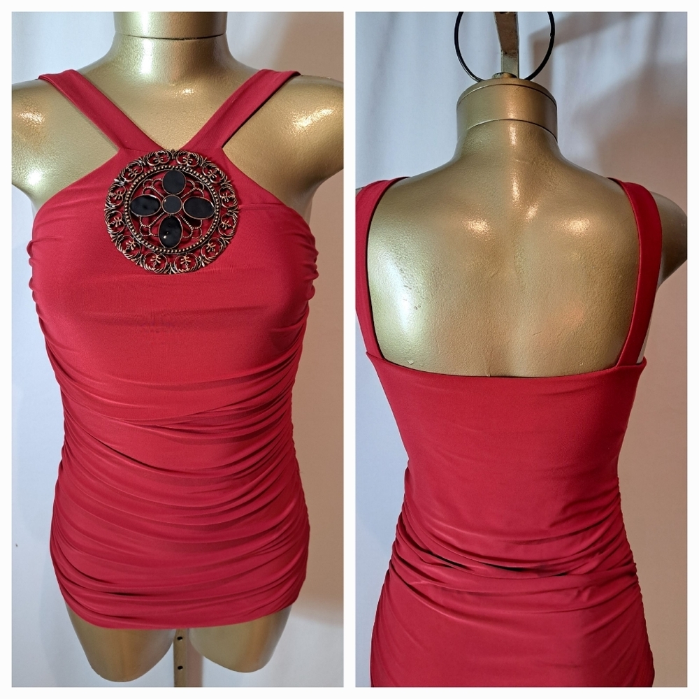 Vintage Linda Segal Cranberry Ruched Top With Front Bronze Medallion